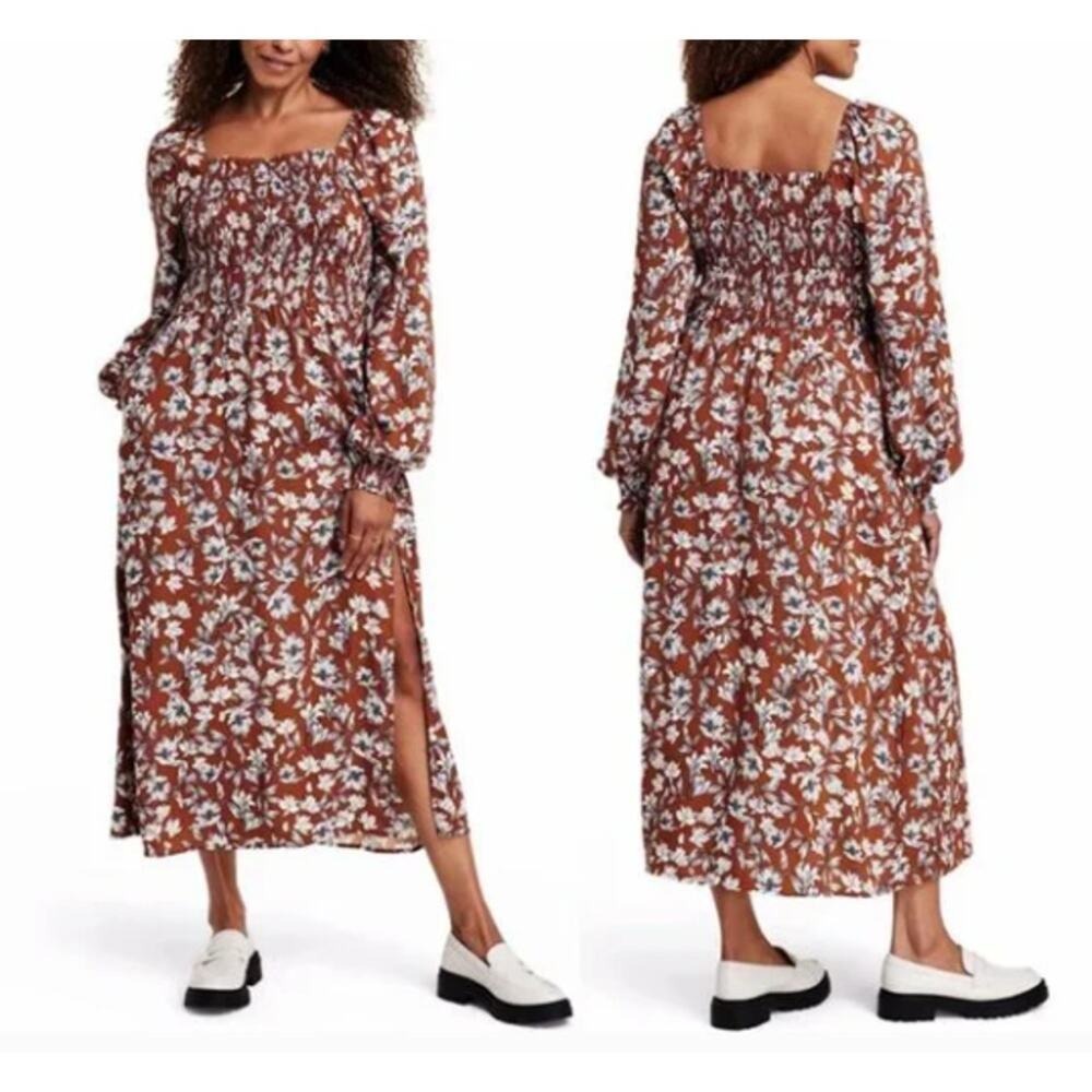 La Ligne x Target Floral‎ Print Smocked Brown Midi Dress Size Small NEW